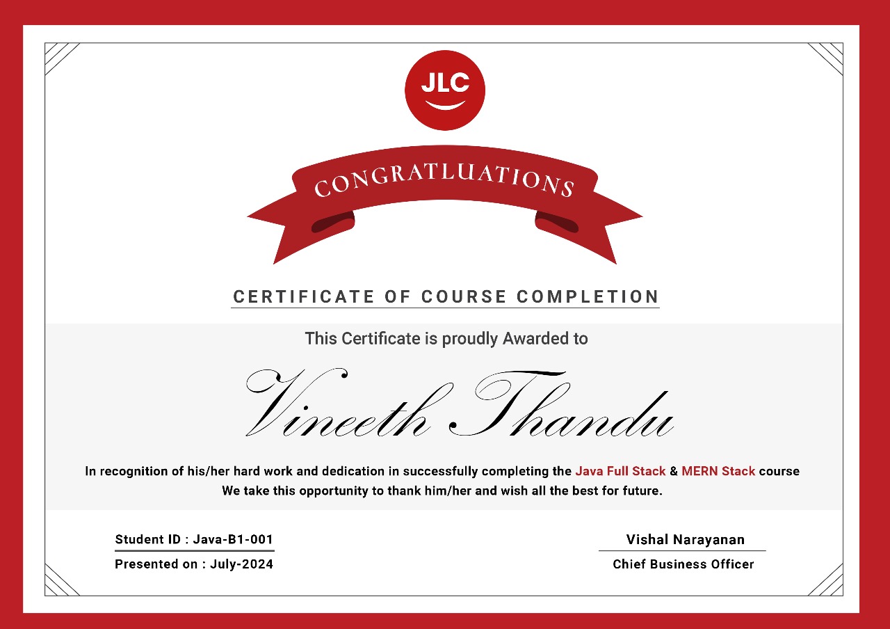 Certificate at my java learning center